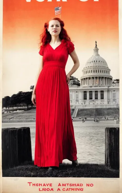 27 yo woman (long flowing red hair) wearing (Roman style red dress) BREAK (paparazzi] photo of a [Congresswoman], [standing in Congress], [patriotic setting], [pose of ruler], [elite], [rostrum dias], BREAK [patriotic lighting], [low camera angle], [official camera of NationalArchives], in the style of [war poster] <lora:BetterHands:1> <lora:MoreDetails:.5>