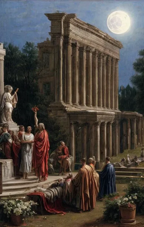 [Official Roman Empire] photo of an ((Roman Caesar with a blue supermoon behind him))(phi golden ratio composition)BREAK [sombre occult Roman palace setting], [government ceremony], [pomp in abundance] (SURREALISTIC lighting) BREAK [low camera angle], [large format bellows camera with telephoto lens], in the style of [Architecture Digest magazine]<lora:MoreDetails:1> <lora:BetterHands:2>