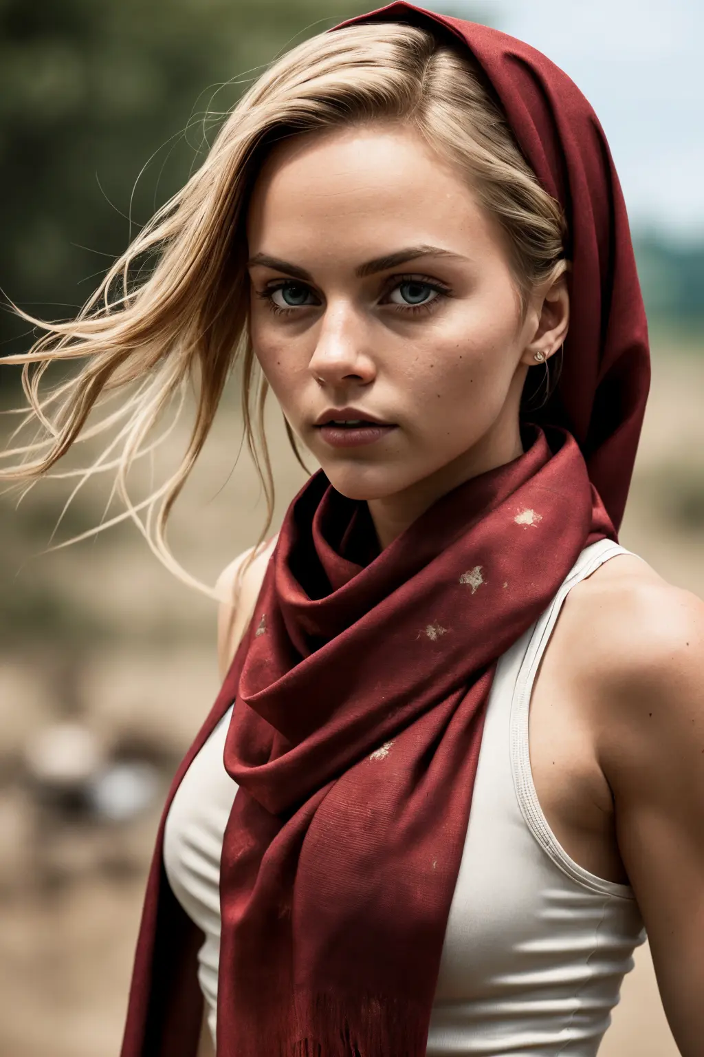 evalyn_noexist running , strong arms,(wearing Shawl:1.3), warzone, battlefield explosions, photograph, highly detailed, sharp focus, 4k, analog style, ultra sharp image style-abandoned2