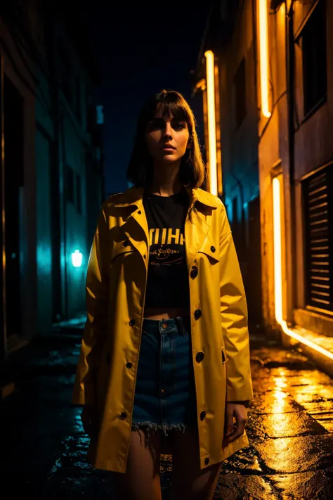 1girl ,  VeronicaCipher, tshirt, yellow coat, raining, cyberpunk, dark alley, midnight, neon light, bladerunner,
(35mmstyle:1.1), front, masterpiece,  (photorealistic:1.3), high frequency details, 35mm film, (film grain), film noise, cinematic lighting
 <lora:epiNoiseoffset_v2:1>