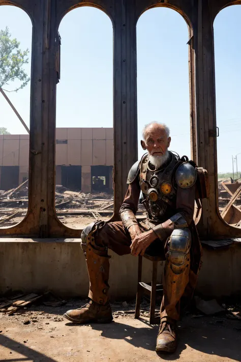 1 old man sitting,   in a worn mech suit,  intricate, (steel metal [rust]), elegant, sharp focus, photo by greg rutkowski, soft lighting, vibrant colors, masterpiece, battle((ruins of a factory )), detailed face<lora:epiNoiseoffset_v2:1> style-abandoned2