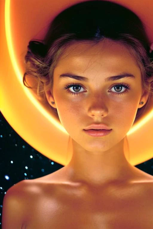 closeup portrait of girl relaxing inside a cozy martian habitat, casual sexy clothes, detailed, 8k, realistic, by James Turrell, mid-century, 2001 space odyssey, nude