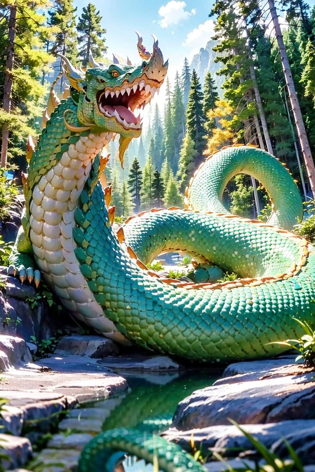 (best quality:1.4), (ultra highres:1.2), (photorealistic:1.4), (8k, RAW photo:1.2), very high detail, (portrait shot:1.5), (himmapan style:1.7),(giant gigantic naga snake dragon:1.3), small trees, in jungle <lora:HimmapanV1:0.8>