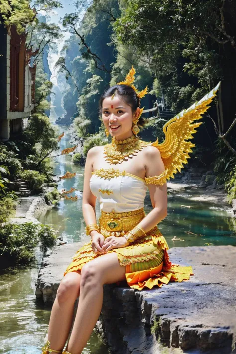 (best quality:1.4), (ultra highres:1.2), (photorealistic:1.4), (8k, RAW photo:1.2),  very high detail,   (himmapan style:1.8),(beautiful kinnaree woman:1.3), sexy dress, (wings:1.2), smile,( look at viewer:1.4), relax, (sit in the river:1.2), waterfall, jungle<lora:HimmapanV1:0.7>