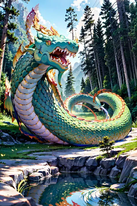 (best quality:1.4), (ultra highres:1.2), (photorealistic:1.4), (8k, RAW photo:1.2), very high detail, (portrait shot:1.5), (himmapan style:1.7),(giant gigantic naga snake dragon:1.3), small trees, in jungle <lora:HimmapanV1:0.8>