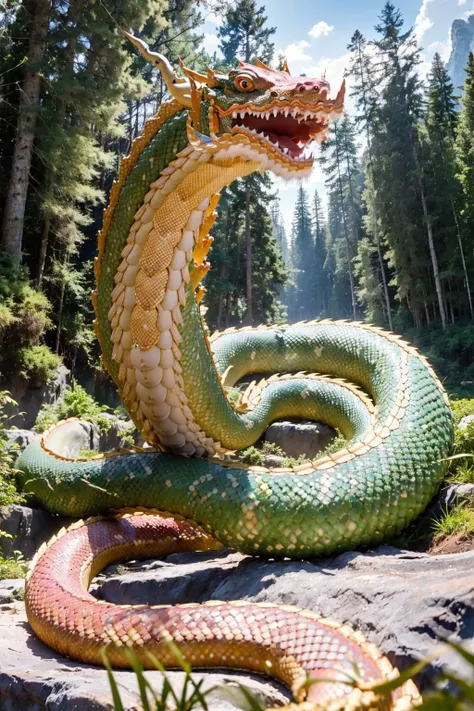 (best quality:1.4), (ultra highres:1.2), (photorealistic:1.4), (8k, RAW photo:1.2), very high detail, (portrait shot:1.5), (himmapan style:1.7),(giant gigantic naga snake dragon:1.3), small trees, in jungle <lora:HimmapanV1:0.8>