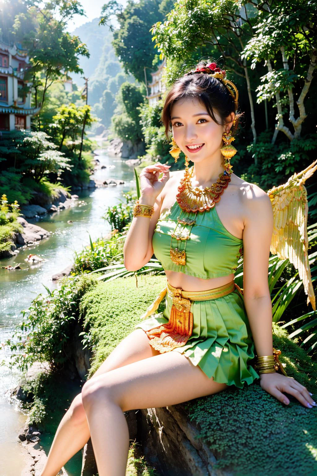 (best quality:1.4), (ultra highres:1.2), (photorealistic:1.4), (8k, RAW photo:1.2), very high detail, (himmapan style:1.8),(beautiful kinnaree woman:1.3), sexy dress, (wings:1.2), smile,( look at viewer:1.4), relax, (sit in the river:1.2), waterfall, jungle<lora:HimmapanV1:0.7>