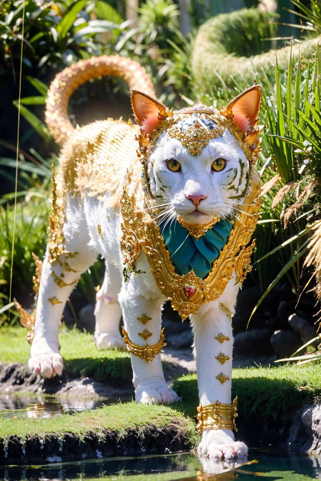(best quality:1.4), (ultra highres:1.2), (photorealistic:1.4), (8k, RAW photo:1.2), very high detail, portrait shot, (himmapan style:1.8),( cat:1.2), (gold ear:1.1), armor, (animal scale:1.4),(in jungle:1.3) <lora:HimmapanV1:0.8>