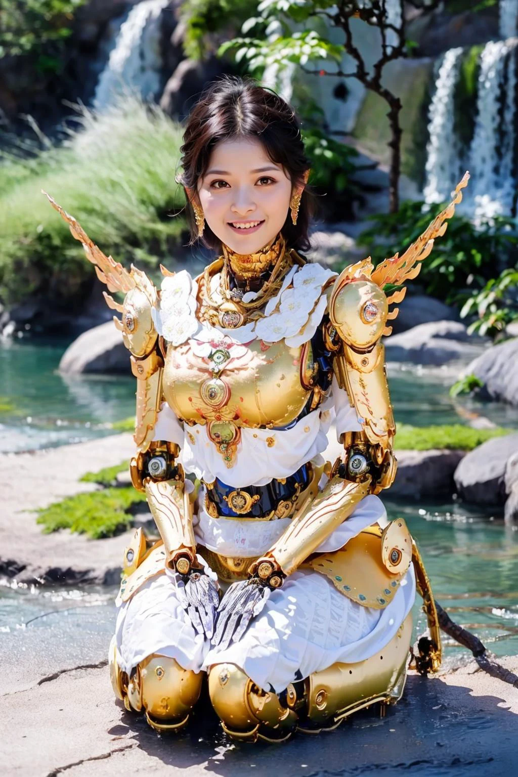 (best quality:1.4), (ultra highres:1.2), (photorealistic:1.4), (8k, RAW photo:1.2), very high detail, (himmapan style:1.8),(beautiful kinnaree woman), metallic himmapan , (futobot:1.6), (wings:1.2), smile,( look at viewer:1.4), relax, (sit in the river:1.2), waterfall, jungle<lora:HimmapanV1:0.8> <lora:Futuristicbot4:0.7>