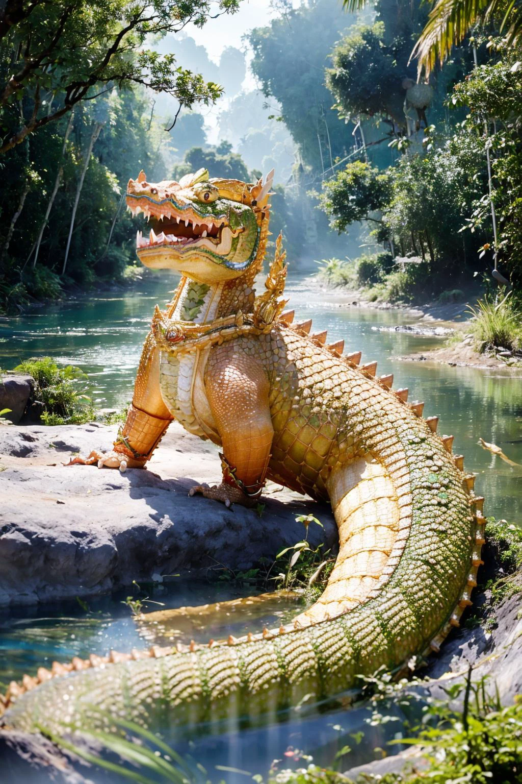 (best quality:1.4), (ultra highres:1.2), (photorealistic:1.4), (8k, RAW photo:1.2), very high detail, portrait shot, (himmapan style:1.8),( crocodile:1.2), ,(in jungle river:1.3) <lora:HimmapanV1:0.8>