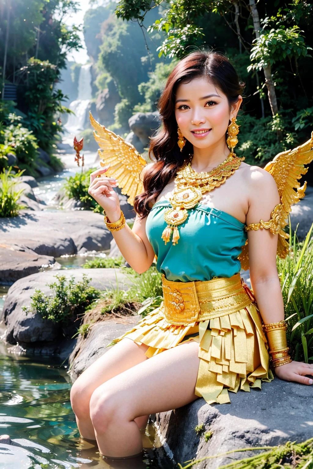 (best quality:1.4), (ultra highres:1.2), (photorealistic:1.4), (8k, RAW photo:1.2), very high detail, (himmapan style:1.8),(beautiful kinnaree woman:1.3), sexy dress, (wings:1.2), smile,( look at viewer:1.4), relax, (sit in the river:1.2), waterfall, jungle<lora:HimmapanV1:0.7>
