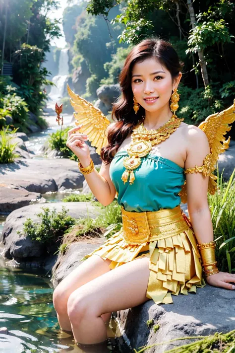 (best quality:1.4), (ultra highres:1.2), (photorealistic:1.4), (8k, RAW photo:1.2),  very high detail,   (himmapan style:1.8),(beautiful kinnaree woman:1.3), sexy dress, (wings:1.2), smile,( look at viewer:1.4), relax, (sit in the river:1.2), waterfall, jungle<lora:HimmapanV1:0.7>