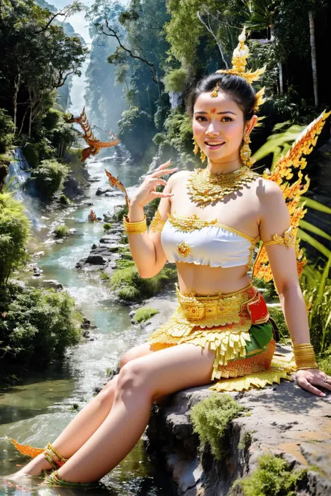 (best quality:1.4), (ultra highres:1.2), (photorealistic:1.4), (8k, RAW photo:1.2), very high detail, (himmapan style:1.8),(beautiful kinnaree woman:1.3), sexy dress, (wings:1.2), smile,( look at viewer:1.4), relax, (sit in the river:1.2), waterfall, jungle<lora:HimmapanV1:0.7>