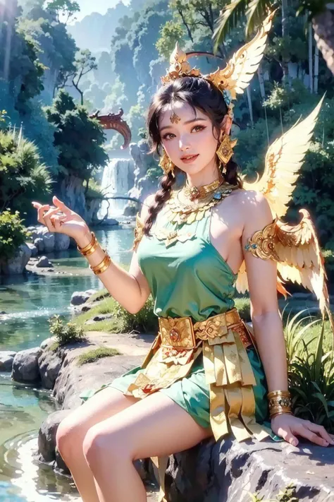 (best quality:1.4), (ultra highres:1.2), (photorealistic:1.4), (8k, RAW photo:1.2), very high detail, (himmapan style:1.8),(beautiful kinnaree woman:1.3), sexy dress, (wings:1.2), smile,( look at viewer:1.4), relax, (sit in the river:1.2), waterfall, jungle<lora:HimmapanV1:0.7>