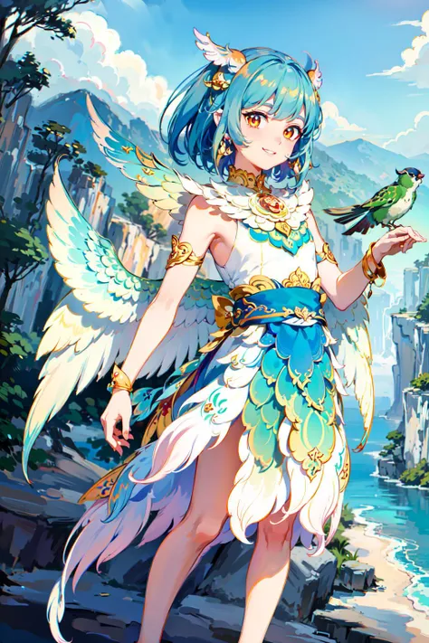 detailed eyes (look at viewer:1.3), smile, Perfect features, (flat color:1.5), (anime illustration:1.2),(best quality:1.4), (ultra highres:1.2), (8k:1.2), very high detail, portrait shot, (himmapan style:1.5),(kinnaree woman:1.3), (bird wings:1.4), (on the cliff:1.3) <lora:HimmapanV1-000008:0.8>