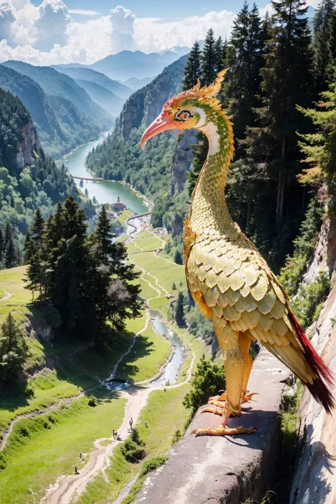 (best quality:1.4), (ultra highres:1.2), (photorealistic:1.4), (8k, RAW photo:1.2), very high detail, portrait shot, (himmapan style:1.45),(tall bird:1.1), (on the cliff:1.3) <lora:HimmapanV1:0.8>
