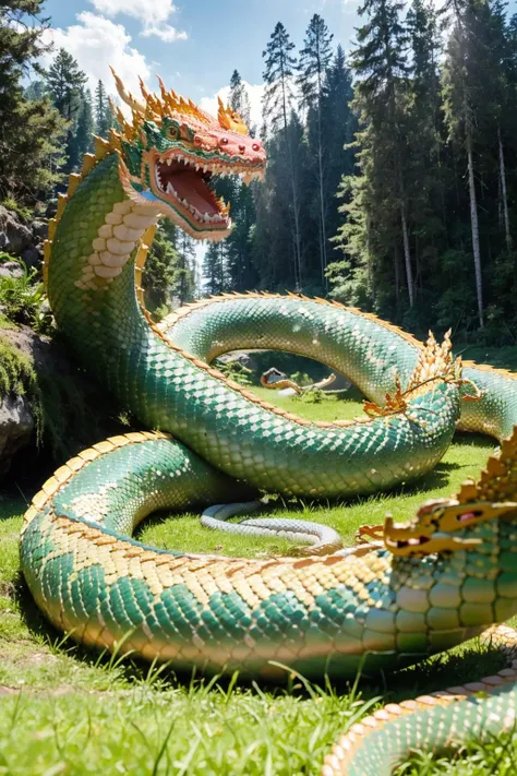 (best quality:1.4), (ultra highres:1.2), (photorealistic:1.4), (8k, RAW photo:1.2), very high detail, portrait shot, (himmapan style:1.7),(giant gigantic snake dragon:1.4), small trees, in jungle <lora:HimmapanV1:0.8>