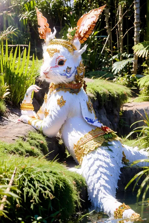 (best quality:1.4), (ultra highres:1.2), (photorealistic:1.4), (8k, RAW photo:1.2), very high detail, portrait shot, (himmapan style:1.9),( white rabbit:1.2), ,(in jungle:1.3) <lora:HimmapanV1:0.8>