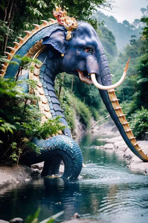 (best quality:1.4), (ultra highres:1.2), (photorealistic:1.4), (8k, RAW photo:1.2), very high detail, (himmapan style:1.7),(dragon|elephant|fish:1.4), (in river jungle:1.3)<lora:HimmapanV1:0.7>