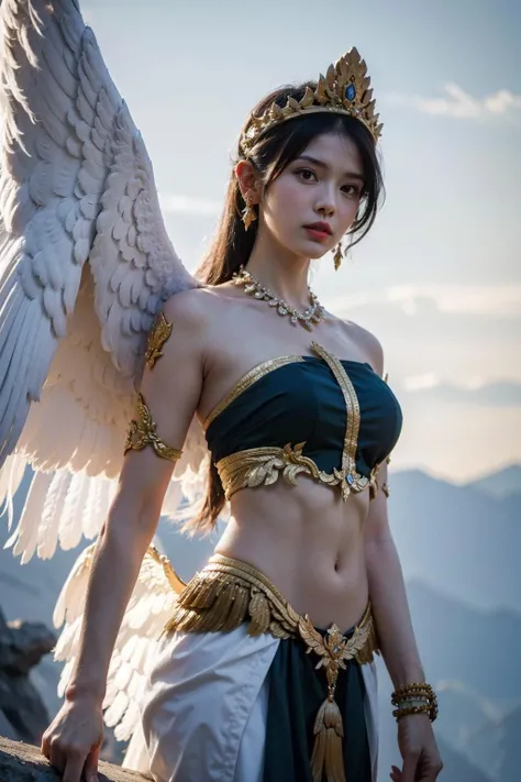 raw photo, (realistic:1.4), (8k:1.27), (ultra highres:1.2), bird head, Diagonal angle shot, (wide wings spread behind:1.2),(garuda:1.3), neon pattern , giving her the appearance of an angel. face is serene and peaceful. <lyco:HimmapanV1:0.8>