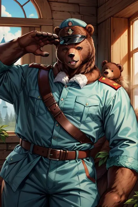 plump,(bear,brown fur:1.5),macro,terra macro,<lora:Soviet_Military_Uniform:1>,<lora:macro_bear_sdxl_v1.2:1>,score_9,macrobear,Soviet Military uniform,Soviet garrison cap,belt,salute,look at the viewer,smile,green eyes,window,tree,giant,teeth,fangs,