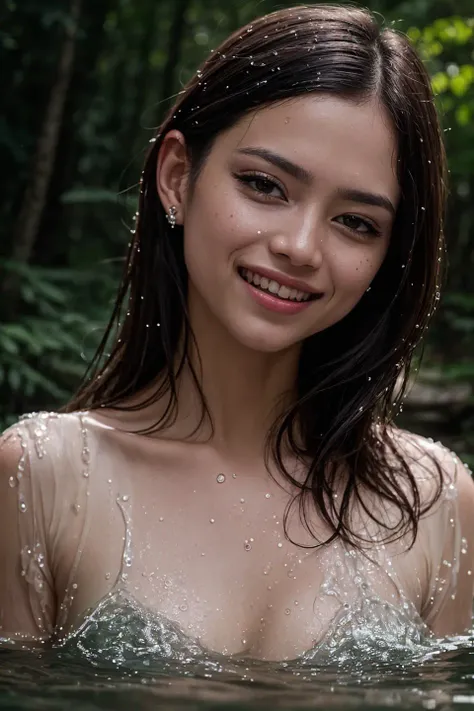 close-up,
beautiful girl, age 30, wearing indonesian traditional outfit, java, javanese, intricated, soaking in the water, swimming in the water, river, wet, forest, (laughing:1.2), sitting on the stone,
(photography, ultra realistic details, sharp focus, detailed skin,4k, high-res, masterpiece, best quality:1.1), (8k,4k, UHD, high resolution, professional, cinematic, , dramatic), bokeh anamorphic depth of field blur background,