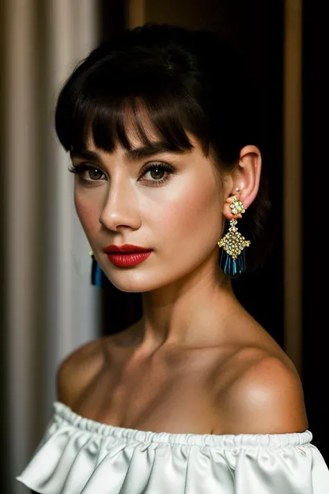 Realistic photo of a beautiful 4udr3yh-v2 woman, 1girl, solo, breasts, looking at viewer, short hair, black hair, dress, bare shoulders, jewelry, collarbone, upper body, earrings, off shoulder, white dress, blurry, lips, makeup, shadow, realistic, off-shoulder dress, red lips, soft lighting, professional Photography, Photorealistic, detailed, RAW, analog, sharp focus, 8k, HD, DSLR, high quality, Fujifilm XT3, film grain, award winning, masterpiece<lora:4udr3yh-v2:1.0>