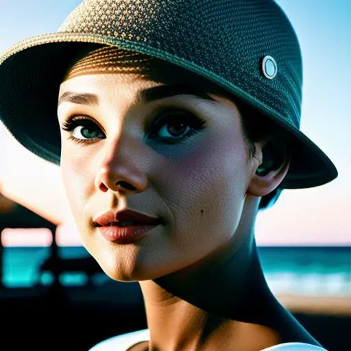 closeup photography, sexy AH<lora:AH:1>, short hair, beach at sunset background, casual dressing, hat, looking at viewer, hyperealistic