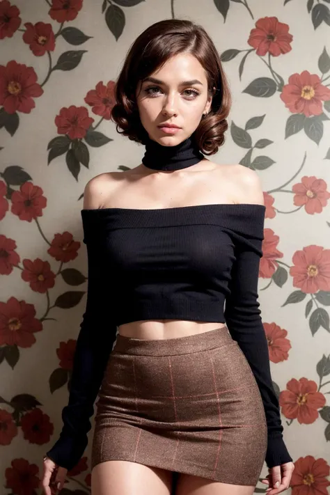 (masterpiece, best quality, highres, realistic, intricate details:1.2), (perfect beautiful detailed eyes:1.2), (glowing iris:1), (detailed light:1.2), rim lighting, 3/4 shot, (vintage photography:1.4), , (1950s style, pin-up, sexy:1.2), rebel, (muted colors:1.4), 1girl, 20 years old, brown retro updo, lipstick, blush, light freckles, medium breasts, thick thighs, pale skin, skindentaion, (red silk neck scarf), (black midriff off shoulder sweater:1.2), high waisted pleated tweed skirt, black thighhighs, (arms behind back), (1950s floral wallpaper background:1.1), <lora:makima:0.8> makima\(chainsaw man\), red hair, yellow eyes, ringed eyes <lora:shoko_ieiri_s1:0.7> shoko_ieiri, eyebags, eyeshadow, makeup,