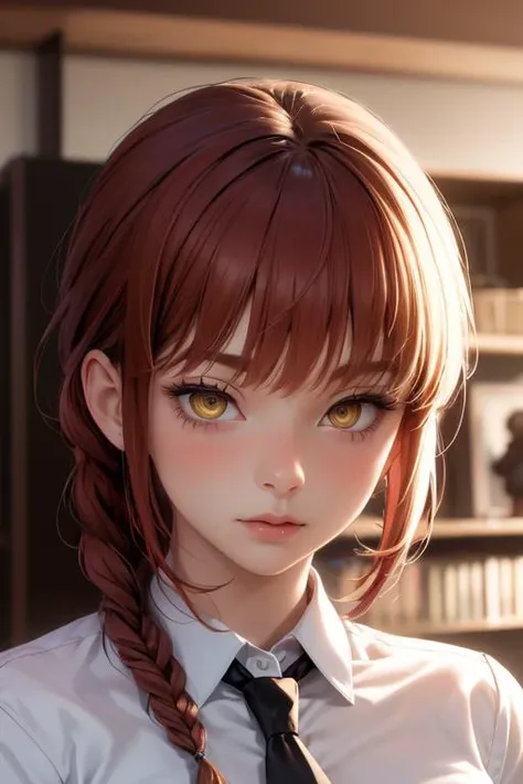 (masterpiece, best quality), 1girl, beautiful face, <lora:makima:1> makima, shirt, braid, braided ponytail, collared shirt, white shirt, necktie