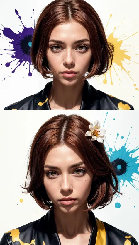 masterpiece,best quality,1 girl,kimono,(lycoris flower) in hair,highly detailed,high definition,hair intakes,(yellow ink and paint splatter),(marroon ink and paint splatter),(black ink, black paint splatter),watercolor,vibrant colors,octans, <lora:makima:0.8> makima\(chainsaw man\), red hair, yellow eyes, ringed eyes, eyebags, eyeshadow, makeup, <lora:shoko_ieiri:0.6> shoko_ieiri, light freckles,