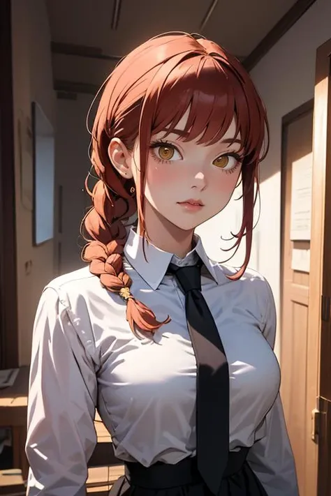 (masterpiece, best quality), 1girl, beautiful face, <lora:makima:1> makima, shirt, braid, braided ponytail, collared shirt, white shirt, necktie