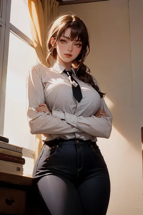 ((masterpiece, high quality, best quality, 8k, wallpaper, fine lineart, highly detailed, absurdres)) , solo focus , makima, ((arm crossed)) , brown hair , yellow eyes , braid , braided ponytail , sidelocks, white shirt, collared shirt, necktie, black necktie, long sleeves, pants, black pants , cowboy shot , from below , long hair , eyeliner , luscious lips , smile , looking at viewer , huge breasts , hourglass body shape ,<lora:makima:0.9> , <lora:ReaLora:0.7> , vintage desk , office room , windows , curtains , fill light ,
