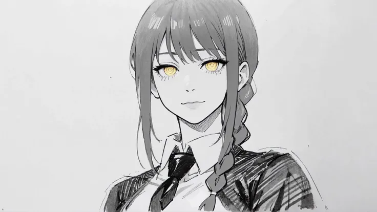 1girl, aged_up, solo, looks at the viewer, makima, braid, braided ponytail, yellow eyes, ((ringed eyes)), white shirt, necktie, <lora:makima51(best):1>, closed mouth, trending on ArtStation, ((monochrome:1.3)), cowboy shot, black and white, white background, simple background, <lora:add_detail:-1>, emotionless, ((gloomy atmosphere)), <lora:zyd232_ChineseInkStyle_v1_0:0.6>, zydink, ((horror, pencil drawing, manga, horror manga)), look of a maniac, horror smug, chains