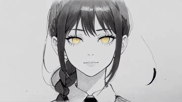 1girl, aged_up, solo, looks at the viewer, makima, braid, braided ponytail, yellow eyes, ((ringed eyes)), white shirt, necktie, <lora:makima51(best):1>, closed mouth, trending on ArtStation, ((monochrome:1.3)), cowboy shot, black and white, white background, simple background, <lora:add_detail:-1>, emotionless, ((gloomy atmosphere)), <lora:zyd232_ChineseInkStyle_v1_0:0.6>, zydink, ((horror, pencil drawing, manga, horror manga)), look of a maniac, horror smug, chains