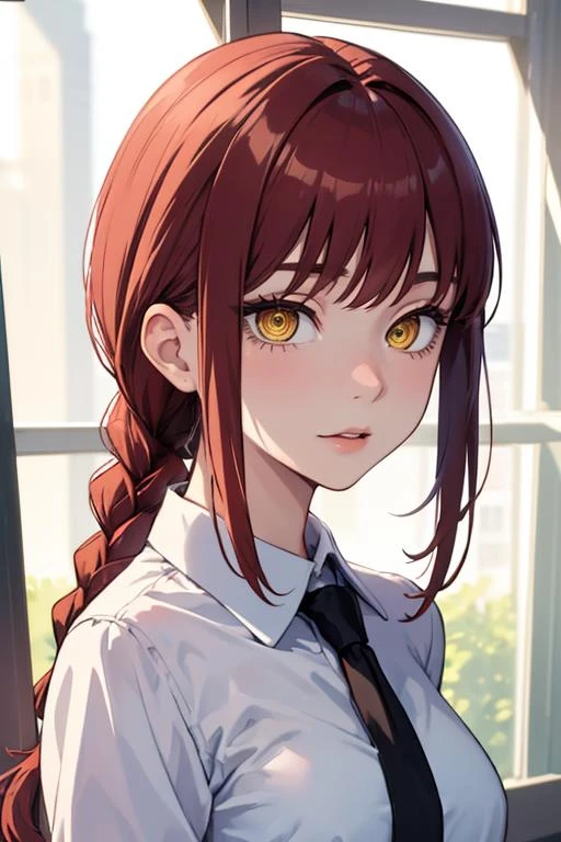 (masterpiece, best quality), 1girl, beautiful face, <lora:makima:1> makima, shirt, braid, braided ponytail, collared shirt, white shirt, necktie