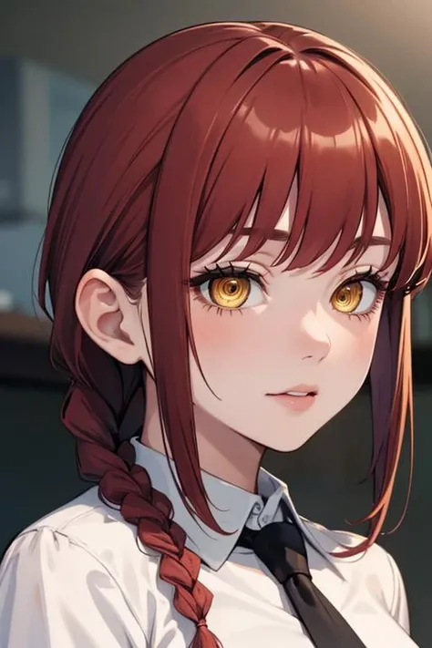(masterpiece, best quality), 1girl, beautiful face, <lora:makima:1> makima, shirt, braid, braided ponytail, collared shirt, white shirt, necktie