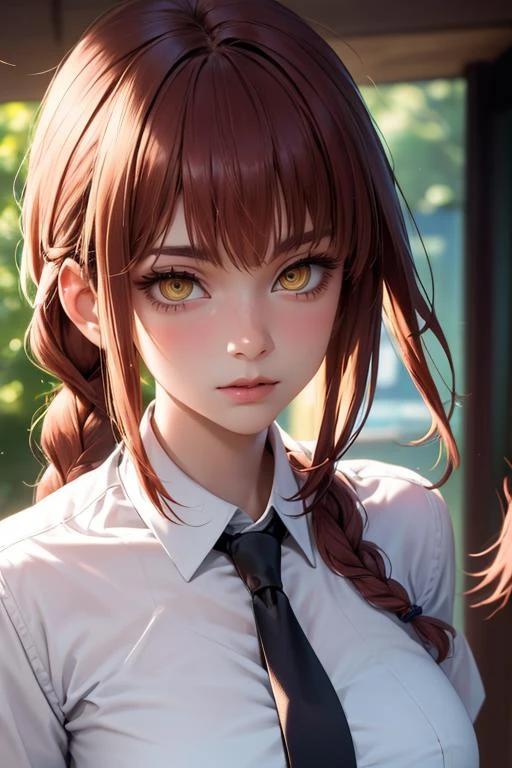 (masterpiece, best quality), 1girl, beautiful face, <lora:makima:1> makima, shirt, braid, braided ponytail, collared shirt, white shirt, necktie