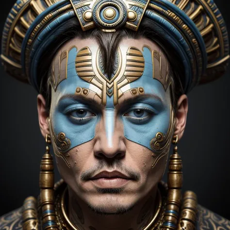 portrait of johnny depp, head, tribal, blue and gold, naki <lora:Naki:0.65>