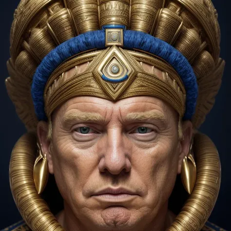 portrait of donald trump, head, tribal, blue and gold, naki <lora:Naki:0.3>