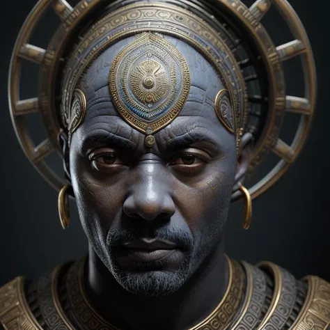 portrait of idris elba, blue skin, head, tribal, blue and gold, naki <lora:Naki:0.65>