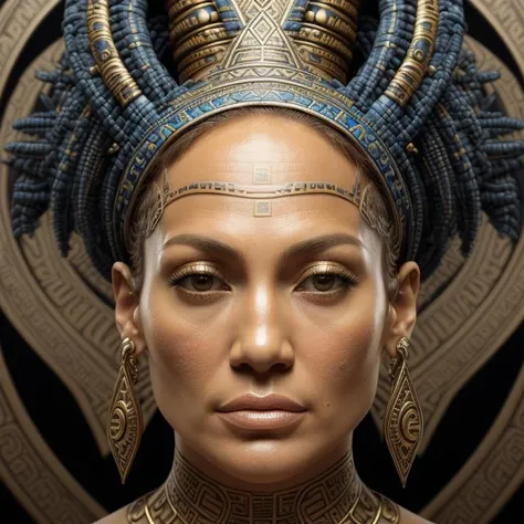 portrait of jennifer lopez, head, tribal, blue and gold, naki <lora:Naki:0.65>