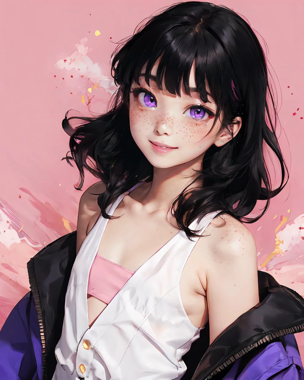 purple eyes, black hair, blunt bangs, wavy hair, (flat chest), solo, asian, freckles, smile, pink background <lora:natv1:0.6>