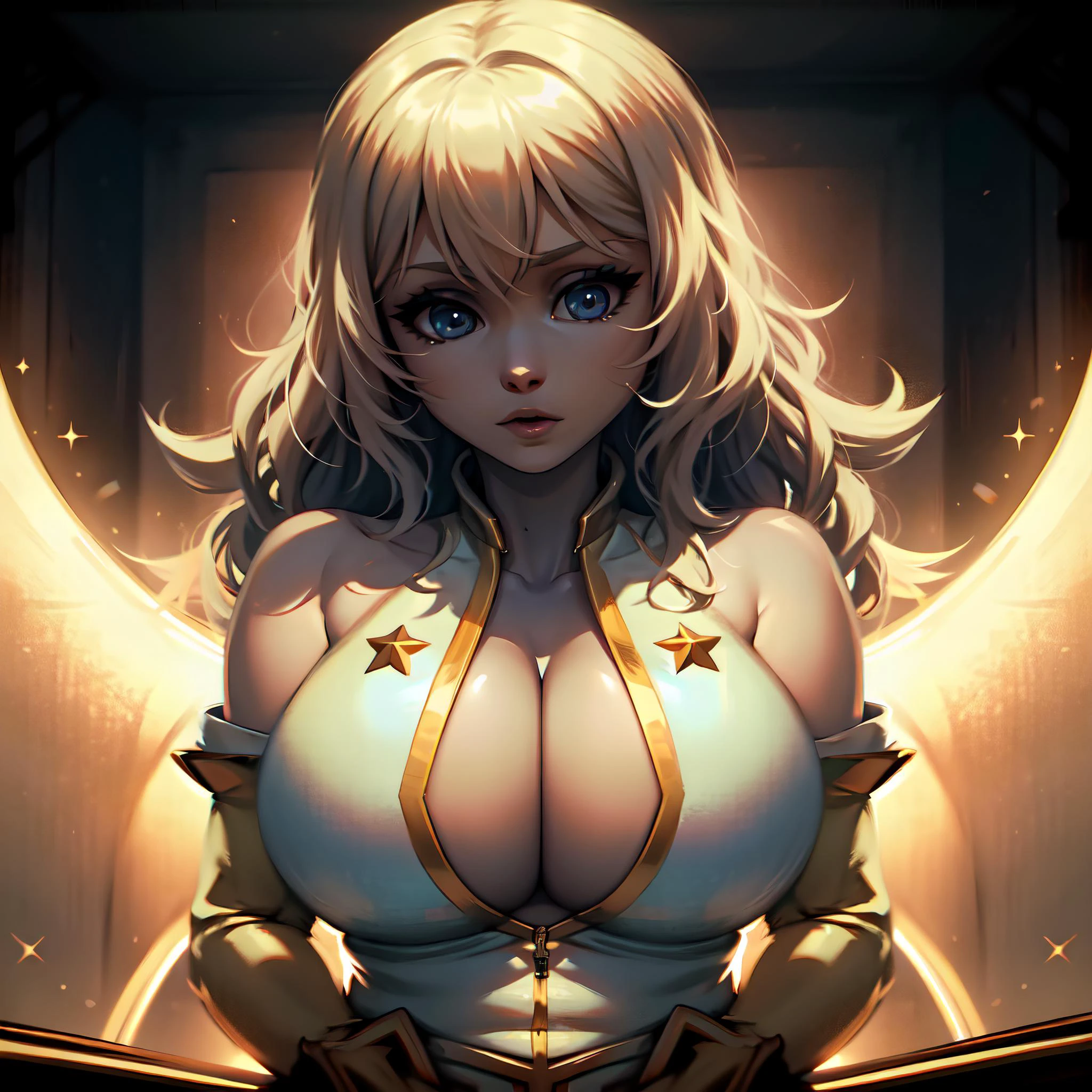(8k uhd, masterpiece, best quality, high quality, absurdres, ultra-detailed,detailed face,detailed background),perfect lighting,<lora:starlight-v1:1> ,stralight,starlight outfit,,medium hair:1.2),(huge breasts:1.3),<lora:BetterBody:0.2> ,blue eyes,elbow gloves,