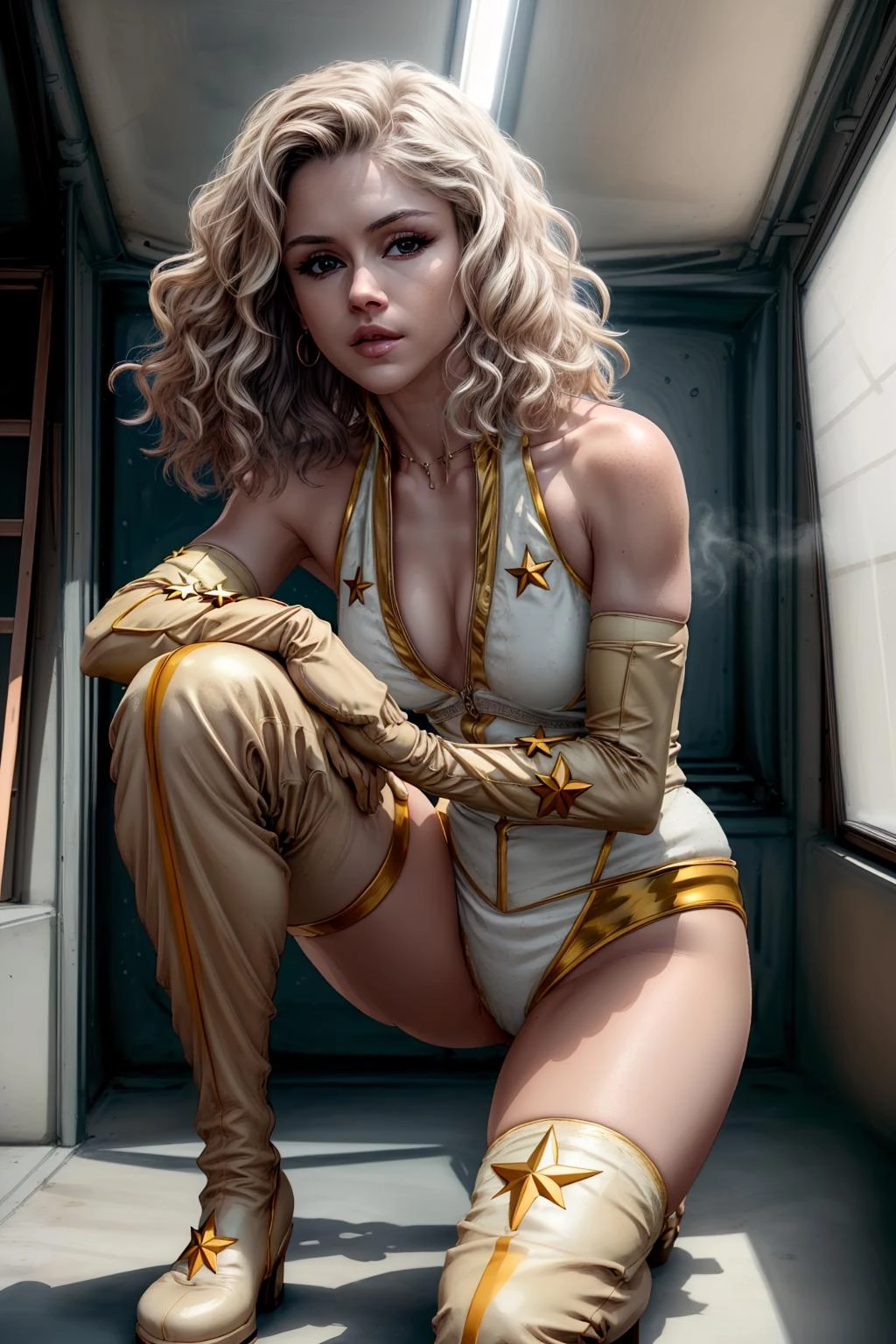 starlight, starlight outfit, jewelry, thigh boots,gloves <lora:starlight-06:1> <lora:GoodHands-vanilla:1>Leaning forward with hands on knees., Softbox with a diffuser for an extra soft and even light (Softbox with Diffuser)., Cool Vintage, Still Frame Photography