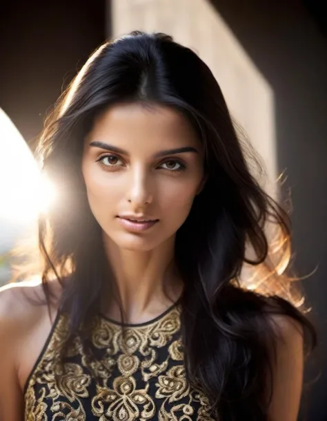 Portrait of A confident-looking 23 year old indian woman with long flowing brown hair, hazel eyes, without flowing capes, Cleopatra fabric with laces, c-cup breasts, sitting in grass, water background, bokeh, perfect composition, hyperrealistic, super detailed, 8k, high quality, trending art, trending on artstation, sharp focus, studio photo, intricate details, highly detailed, perfect 36-26-36 figure, charming smile, very pretty, very beautiful, elegance, art by greg rutkowski