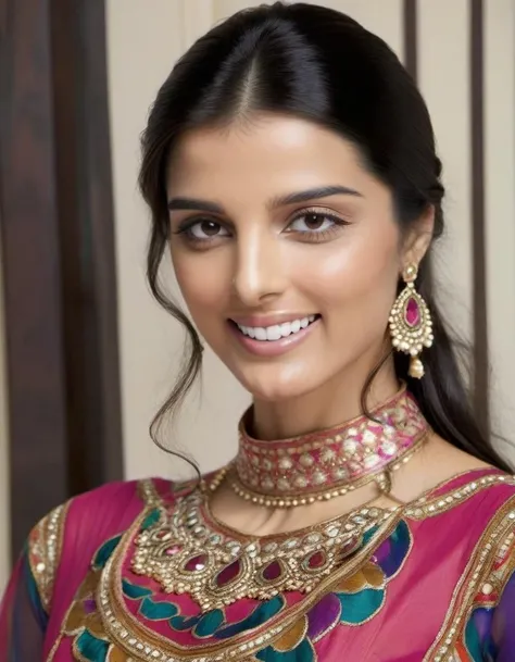 close up photo of Giselli Monteiro woman studio quality, high collar colorful indian dress, looking straight at camera, smiling <lora:Giselli_Monteiro_SDXL_LoRA:1>