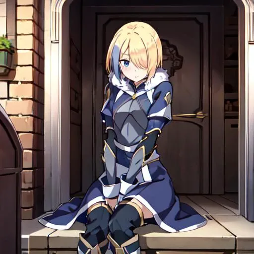 <lora:Claire-Konosuba:1.1> , (blue bangs:1.3), blue lock, armor, blue eye, nervious, crown on arms, boots, blushin, blue dress, hair covering one eye, (lock of blue hair:1.2), blonde hair, boots