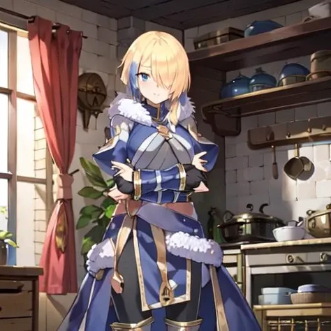 <lora:Claire-Konosuba:1.1> , (blue bangs:1.3), blue lock, armor, blue eye, nervious, crown on arms, boots, blushin, blue dress, hair covering one eye, (lock of blue hair:1.2), blonde hair, boots