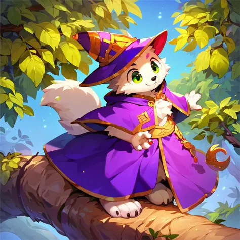 <lora:dagasi-v1e134>, score_9, score_8_up, score_7_up, score_6_up, rating_safe, source_furry, full-length portrait, an anthro male wolf, tinfoil hat, black nose, (white fur:1.4), monotone fur, white body, green eyes, purple wizard hat, purple wizard robe, magic user, detailed background, awesome_background, forest,